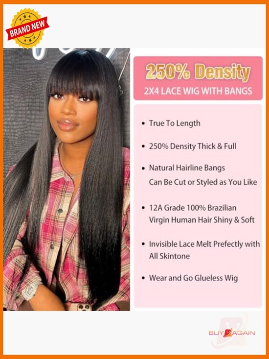 250 Density HD Lace Front Wig Human Hair Straight Wear Go Glueless Bangs main image 6